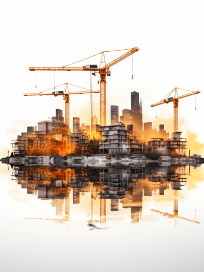 A realistic photo of construction site with cranes and buildings, yellow color gradient, white background, reflection in water, double exposure effect, high resolution, high contrast, sharp details, studio lighting, cityscape in the back ground, highly detailed, hyperrealistic, product photography