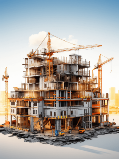 A large building under construction with cranes and machinery, in a realistic photo style 3D rendering, in bright daylight, with high resolution, high detail, high quality, high definition, high focus, high sharpness, from a high angle view with high perspective, high dynamic range, high contrast, high color saturation, high exposure, bright colors, in a bright environment, and a construction site background. The scene is designed to showcase the progress of new buildings being built in city areas, in the style of high resolution photography.