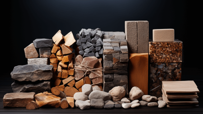 A studio photograph of various types and sizes of natural building materials, including wood blocks, rocks, bricks, cinder block, and p margins, with each material neatly arranged in front of the camera against a dark background. The focus is on showcasing different textures and shapes of these raw elements, creating an aesthetic that emphasizes their beauty as one type for construction work. Highresolution photography style, high resolution, sharp details,