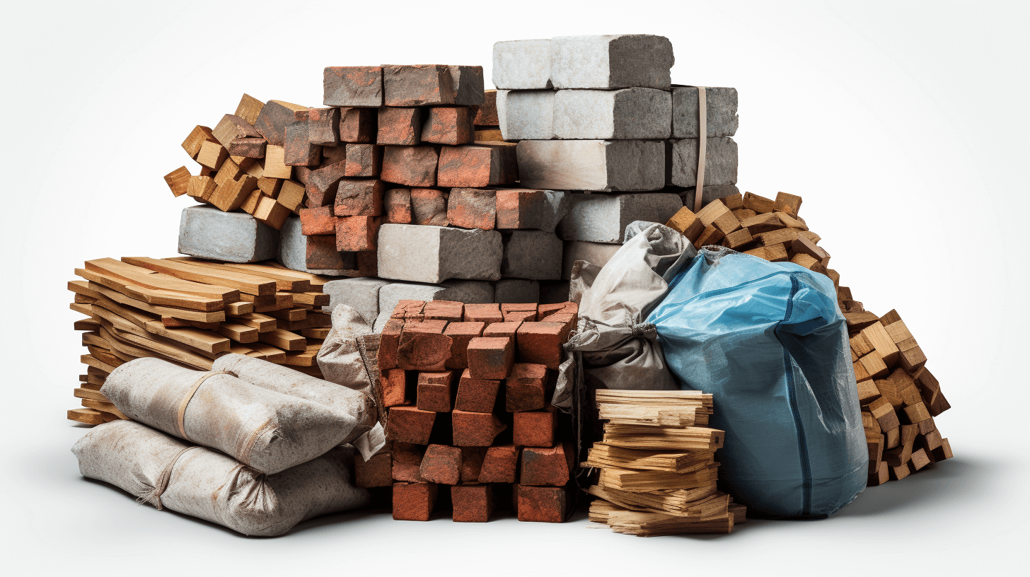 A pile of bricks, wood and other construction materials in bags on a white background. A highly detailed photograph in the style of no particular artist.