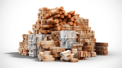 A pile of wooden planks and building materials in boxes on a white background, rendered in 3D using C4d and Octane, with a minimalistic and hyper realistic style. Bright lighting from the front view and close up shot, as well as a side angle, with high resolution photography showing insanely fine details. Isolated on a pure solid clean background with a centered composition, in the style of fine detailed realistic rendering.