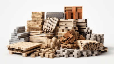 A pile of various types and sizes of building materials, such as wood planks or concrete blocks, arranged in an organized way on top of each other against a white background. The focus is on the various textures and shapes that make up these construction elements. In the foreground, there is a stack of wooden pallets and behind them several stacks made from cement bricks. The overall composition creates a sense of space with the individual objects standing out clearly against the pure color backdrop.