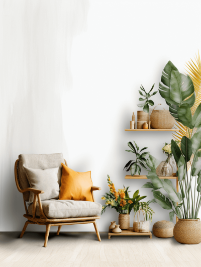 A white wall with wooden shelves decorated with plants and a beige armchair. A living room interior design mockup for branding presentation, featuring a minimalistic aesthetic with natural elements. The scene includes bamboo vases filled with tropical foliage, a small table adorned with yellow pillows, creating an inviting atmosphere in the space. This composition is perfect as a background or setting for various promotional materials in the style of minimalism.