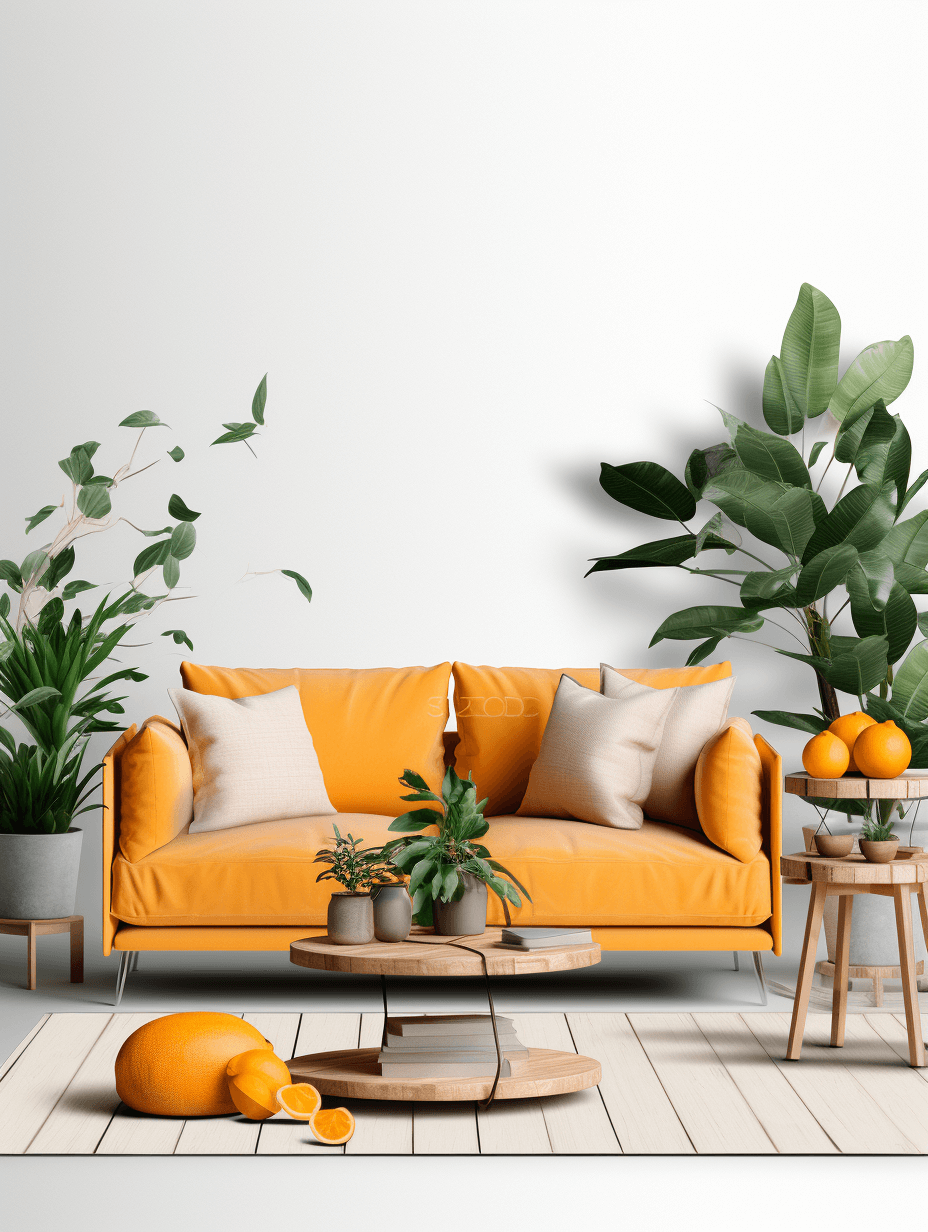 White wall with bright yellow sofa and wooden coffee table surrounded by green plants, white floor with oranges on the side. Scandinavian style interior design of modern living room. 3d rendering illustration. stock photo, high resolution photography, professional photograph.