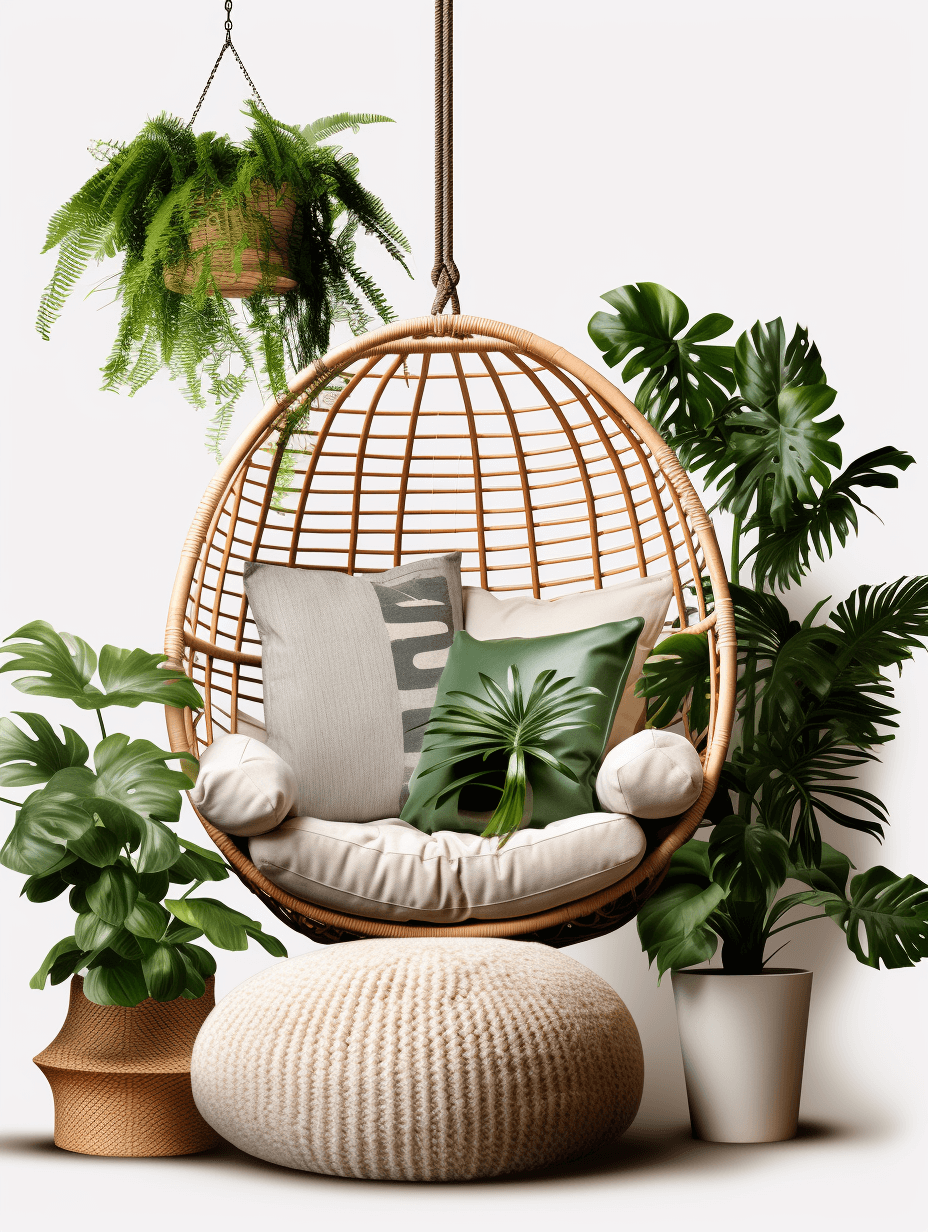 A hanging chair with green plants and potted flowers next to it, surrounded by soft cushions and an elegant cushion on the seat of rattan material, creating a warm atmosphere in home interior design. The white background highlights the theme of relaxation and comfort. It is a realistic rendering style, with high resolution and detailed details. Using C4D software creates a threedimensional scene with bright lighting effects.