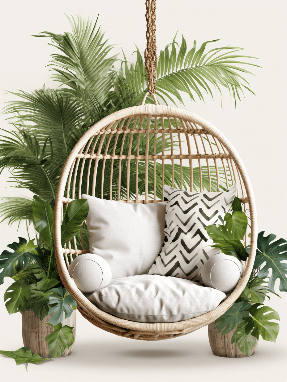 A hanging rattan chair with white cushions and monstera plants, rendered in C4D style, is set against an isolated background. It features lush greenery, a comfortable seating experience, and natural light. The design includes a blackandwhite patterned pillow for adding visual interest., focus on face