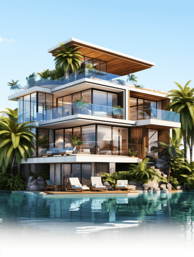 A modern luxury villa with three floors, on the water's edge of an island in Z Benchmark designed by [Frank Gehry](https://goo.gl/search?artist%20Frank%20Gehry), surrounded by palm trees and blue sea, with clear sky, high resolution rendering, super realistic, interior design, tropical style