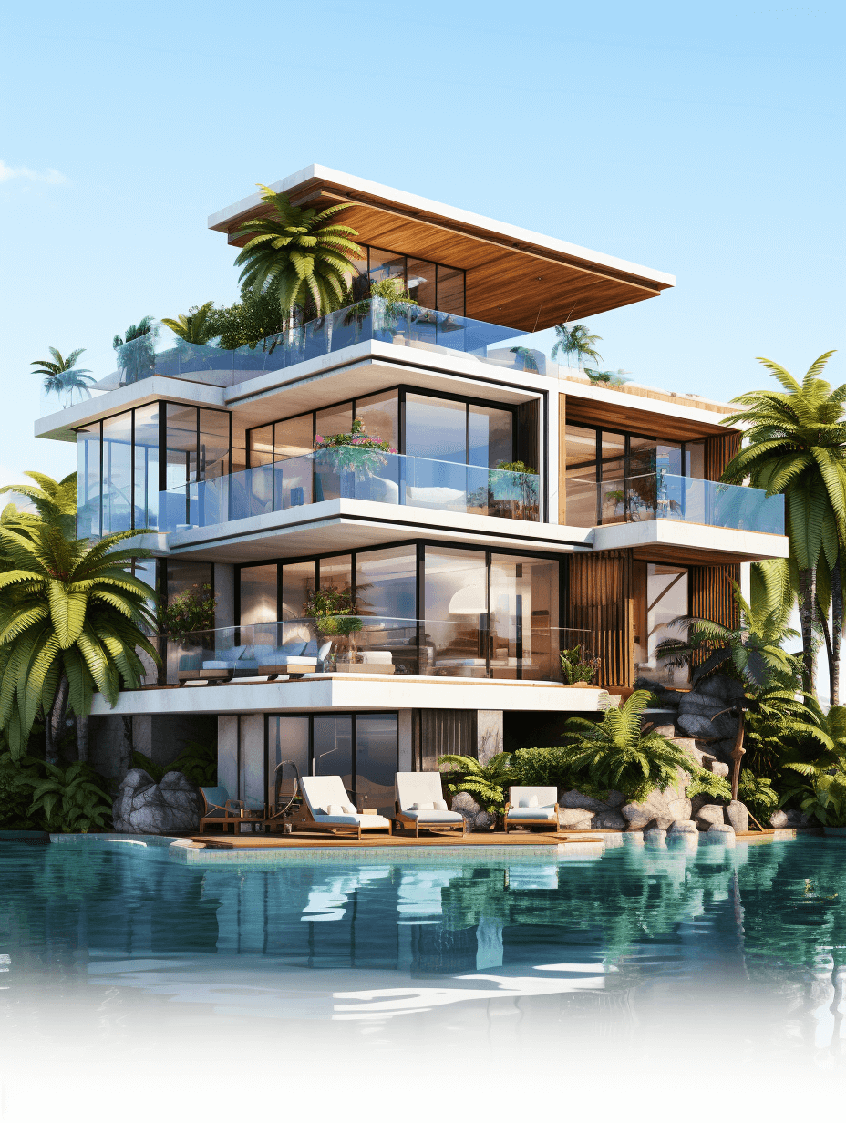 A modern luxury villa with three floors, on the water’s edge of an island in Z Benchmark designed by [Frank Gehry](https://goo.gl/search?artist%20Frank%20Gehry), surrounded by palm trees and blue sea, with clear sky, high resolution rendering, super realistic, interior design, tropical style