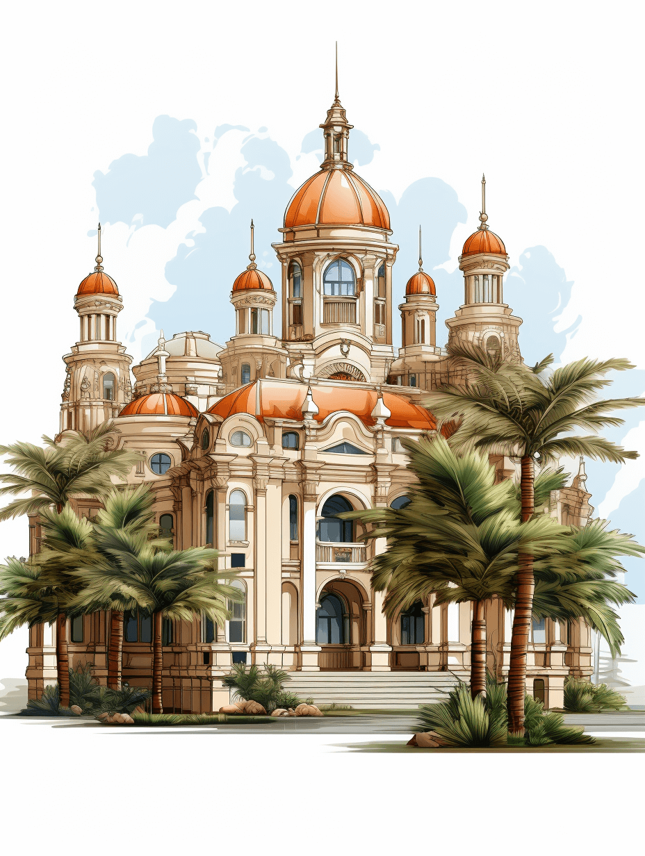 A beautiful building in an architectural style with palm trees around it, vector graphics, white background, hand drawn illustration, flat design, high resolution, detailed and intricate, no shadows on the ground, beige color scheme, coloring book cover, bright colors, light sky blue background, white space at the top of the page, in the style of hyperrealism, very realistic details, perfect lighting, watercolor, high definition, high detail, high quality, high resolution, high contrast, high noise, high sharpness, high resolution.