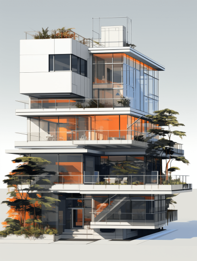 A white and orange modern building with many floors, some plants on the roof, facade view in the style of a perspective rendering, detailed renderings, playful use of line, raw materials, lush landscape design, bright daylight, high resolution, super realistic.