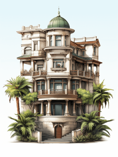 Illustration of an art nouveau style building in the Mediterranean region, with three floors and palm trees on each side, white background, in the style of no artist, high resolution, no text or logo.