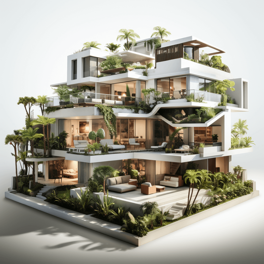 A modern multistory apartment building with lush greenery and tropical plants, showcasing the interior living space on each level, all rendered in 3D with realistic textures. The exterior is white with elegant details, creating an opulent atmosphere.