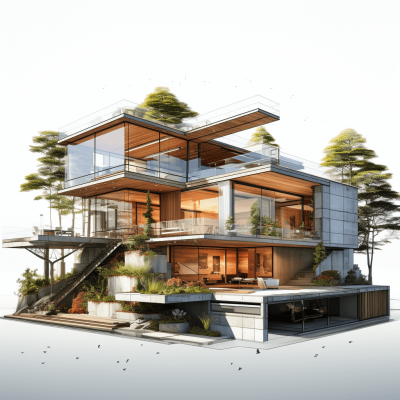 A three-story modern house with glass walls, wooden accents and greenery on the roof, surrounded by trees, on a white background, in the 3D rendering style, with a detailed interior design for each floor, and realistic lighting effects, in the style of architectural photography, with vibrant colors, for architectural visualization.