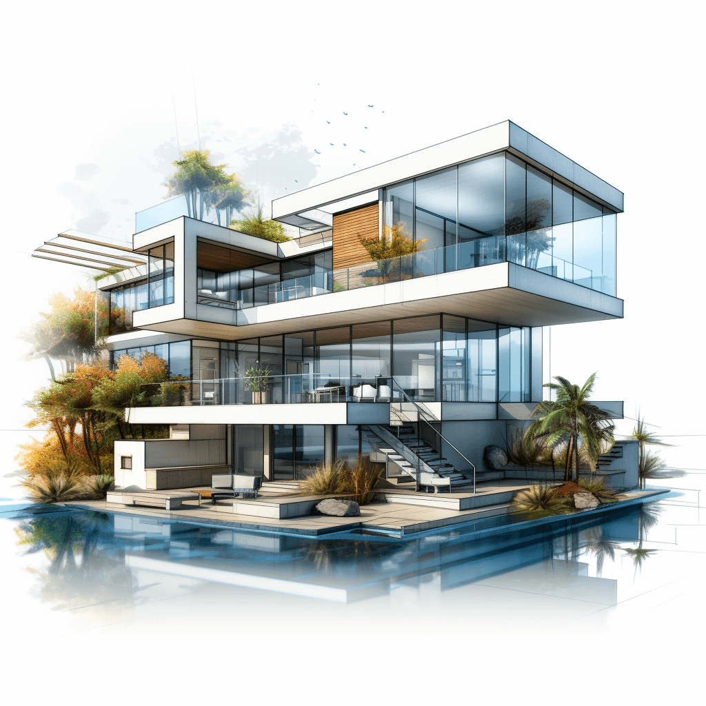 Modern house with a white background in the watercolor style, high resolution professional illustration with very detailed features. White background showing a modern architecture with a swimming pool and palm trees. Transparent glass windows on the side of each floor with a balcony overlooking a sea view. Bright colors used in the architectural design. 3D rendering of high quality and high definition.