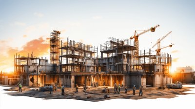 Realistic photo of a construction site with cranes and workers, a building underway on top is a modern office complex, a sunset sky in the background, white space at the bottom for text, a 3D rendering, high resolution photography, with high details.