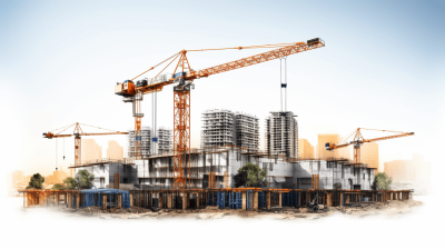 Realistic illustration of a construction site with cranes and buildings under construction on a white background, with high resolution photography and high quality details in an ultra realistic and super detailed wide angle shot, with professional color grading, soft shadows, and clean sharp focus with a bokeh effect.