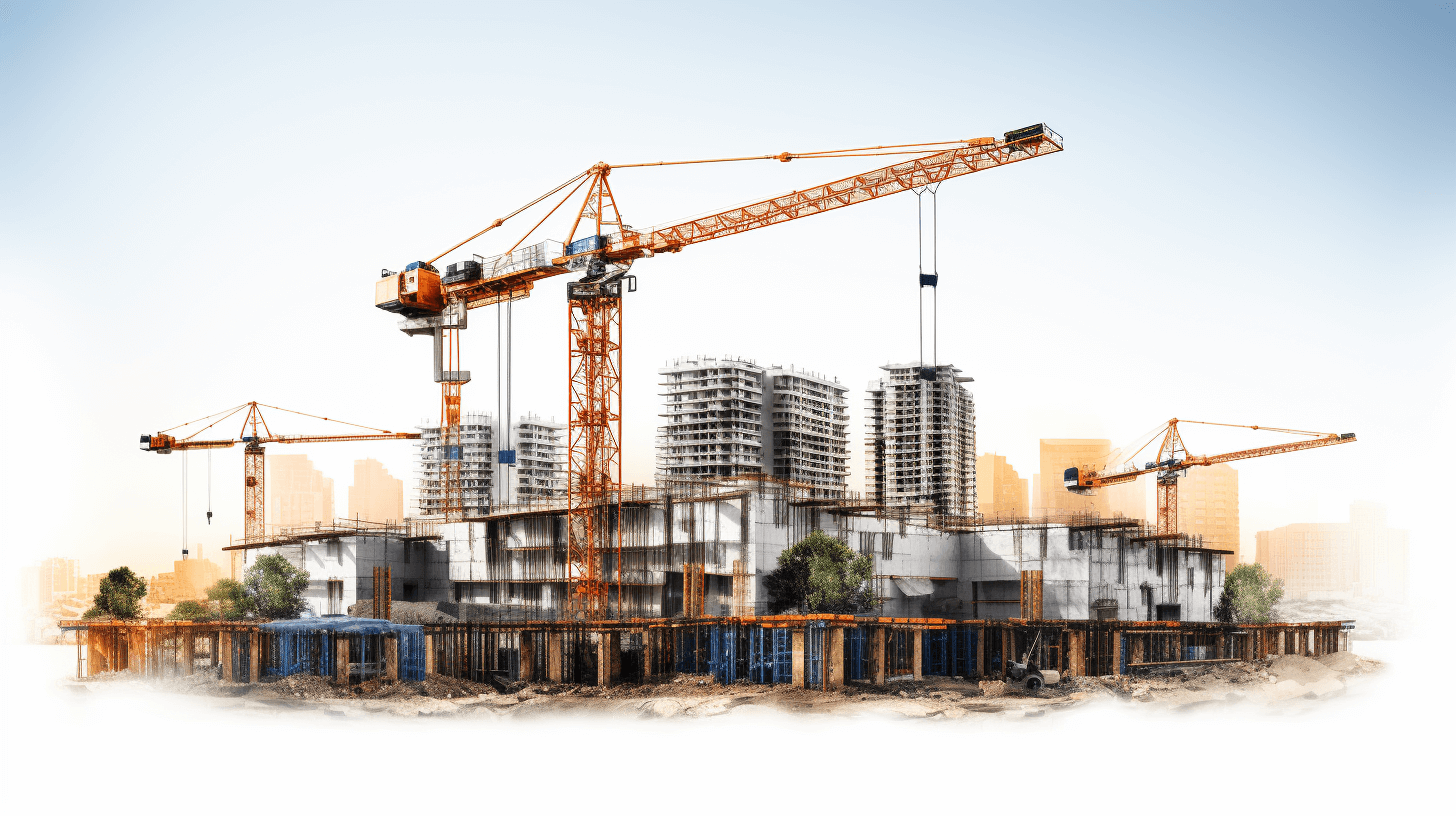 Realistic illustration of a construction site with cranes and buildings under construction on a white background, with high resolution photography and high quality details in an ultra realistic and super detailed wide angle shot, with professional color grading, soft shadows, and clean sharp focus with a bokeh effect.