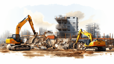 realistic construction site with yellow excavators in front of destroyed buildings, white background, photorealistic illustration in the style of photorealism, bright colors, high resolution, high quality, high detail, HDR, hyper realistic, super detailed