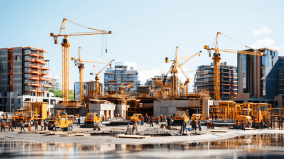 A realistic photo of a construction site with many cranes, workers, and trucks in the city center, using a yellow color palette in bright daylight, in the style of hyperrealistic, high resolution photography.