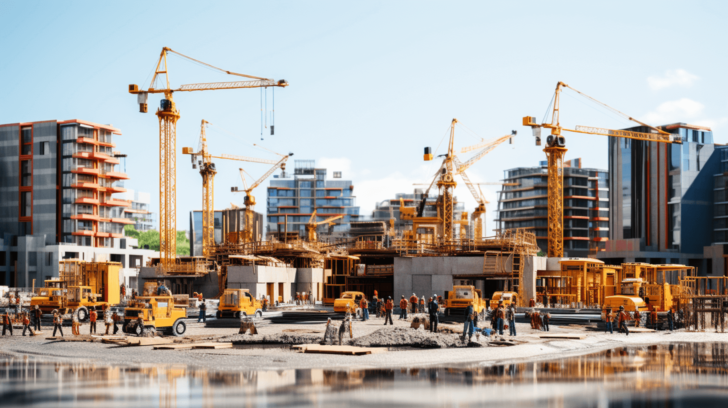 A realistic photo of a construction site with many cranes, workers, and trucks in the city center, using a yellow color palette in bright daylight, in the style of hyperrealistic, high resolution photography.