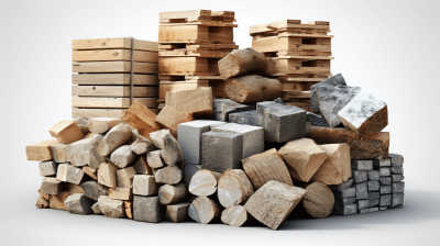 Pile of wood and concrete blocks on a white background, 3D rendered illustration, detailed illustration, high resolution, professional photograph. The ultra-high resolution details captured with a Hasselblad camera in the style of [Ansel Adams](https://goo.gl/search?artist%20Ansel%20Adams), natural lighting, HDR.