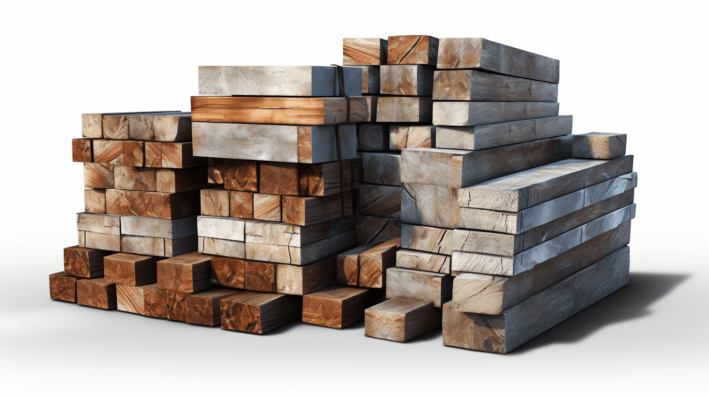 3D rendering of a stack on a white background, with wooden planks and beams. The pile is made up of various wood types such as oak, pine or larch. This composition creates an atmosphere of construction work and building materials in the style of various wood types.