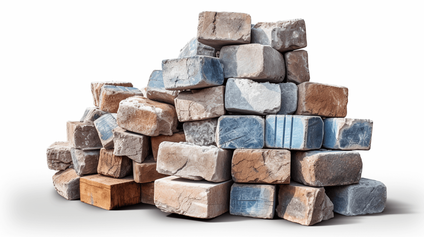 Pile of rough, blue and gray stone blocks isolated on white background with clipping path. Full depth of field. Photorealistic photography