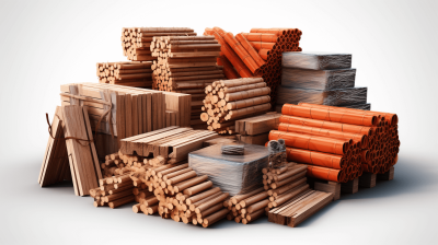 3D rendering of various wood products stacked together on a white background. Piles of wooden planks, orange cement tubes and cardboard boxes filled with construction materials arranged in an orderly manner. The concept symbolizes the built environment industry including carpentry, building material shops or architecture design studios.
