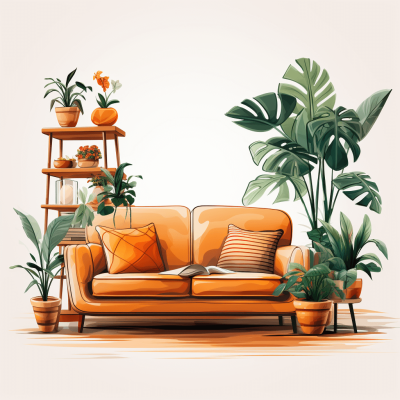 A handdrawn illustration of an orange sofa in the living room, surrounded by various potted plants and indoor flowers on both sides, with wooden shelves behind it. The background is white, creating a warm atmosphere. Cartoon style, vector graphics, simple lines, bright colors, flat design, high-definition resolution, high details, and best quality. In the style of vector graphics.