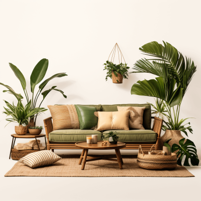 A photo of a tropical living room with wooden furniture, a green couch and plants on a white background, with a beige and olive green color palette. The living room has a beige carpet and is lit with natural light from a low angle shot, similar to the golden hour. The mockup photography is photorealistic and hyper realistic with high resolution, in the style of different artists.