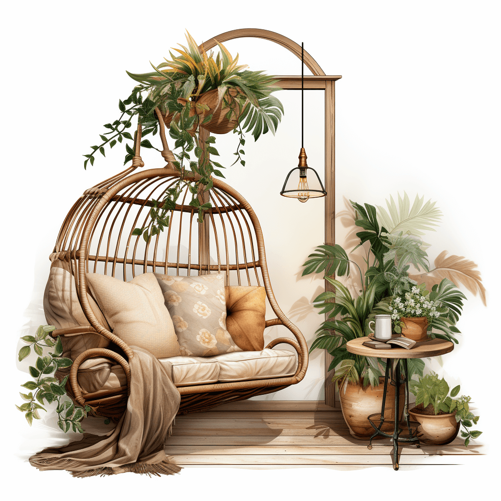 A hanging chair with soft cushions, surrounded by lush potted plants and an elegant side table. Digital illustrations in the style of clip art set, vector illustration for post cards, white background, realistic watercolor paintings, rusticcore.