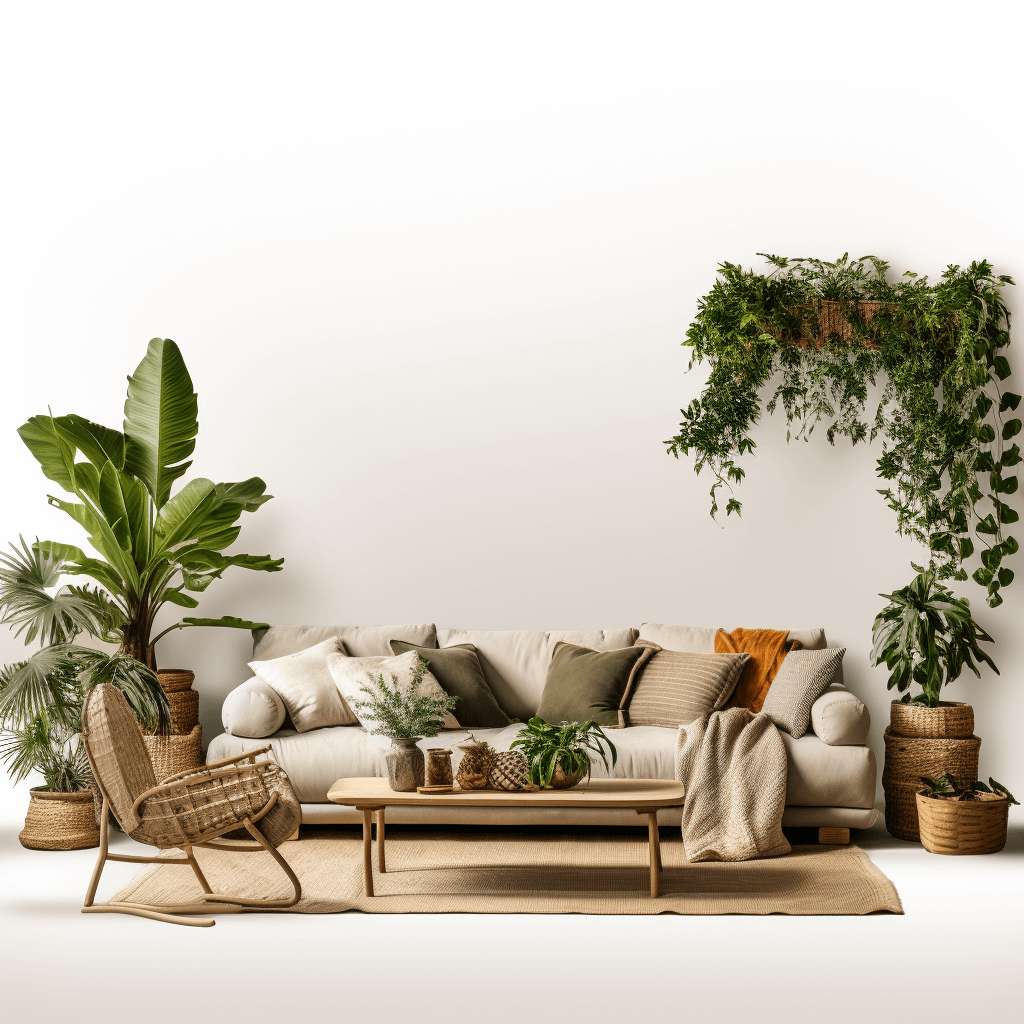 boho style living room with plants, white background, mockup photography, sofa and coffee table in the center of photo, side view, plants on both sides of couch, plants in wicker baskets, bohemian vibes, earth tones color scheme, boho chic interior design, empty space for product display, minimalism, high resolution photography