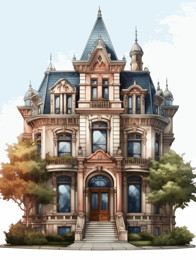 A cartoon illustration of an old Victorian mansion in the style of [Studio Ghibli](https://goo.gl/search?artist%20Studio%20Ghibli), with an anime style on a white background with detailed artwork.