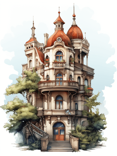 a cartoon mansion in the style of ghibli, watercolor, detailed architecture, detailed, fantasy art, fantasy building, detailed illustration, fantasy art, detailed, fantasy art, fantasy building, detailed illustration, fantasy house with turrets and towers,