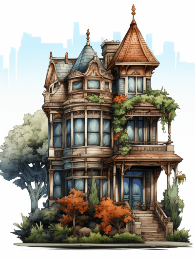 Illustration of a Victorian house in the style of 2d game art, with detailed character illustrations on a white background at a resolution of 3840x5760 pixels. The color palette uses pastel shades with some brown and blue tones.