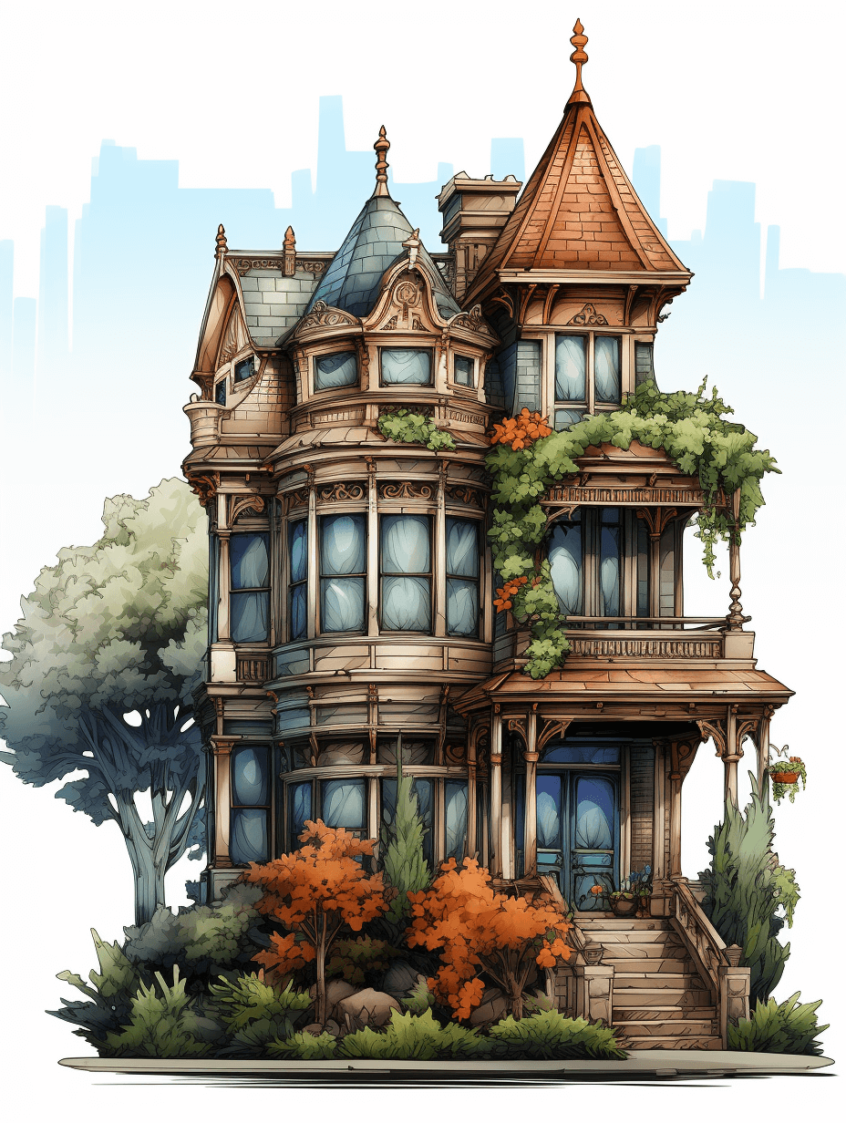 Illustration of a Victorian house in the style of 2d game art, with detailed character illustrations on a white background at a resolution of 3840×5760 pixels. The color palette uses pastel shades with some brown and blue tones.