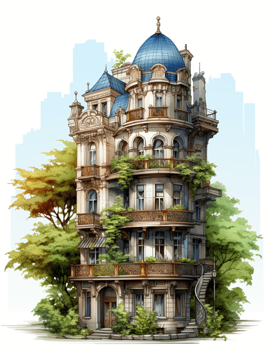 A tall Victorian building with many balconies and ornate decorative details, surrounded by trees. In the background is an urban landscape under a white sky. The illustration is in the watercolor style and features detailed, fantasy art in the style of anime.