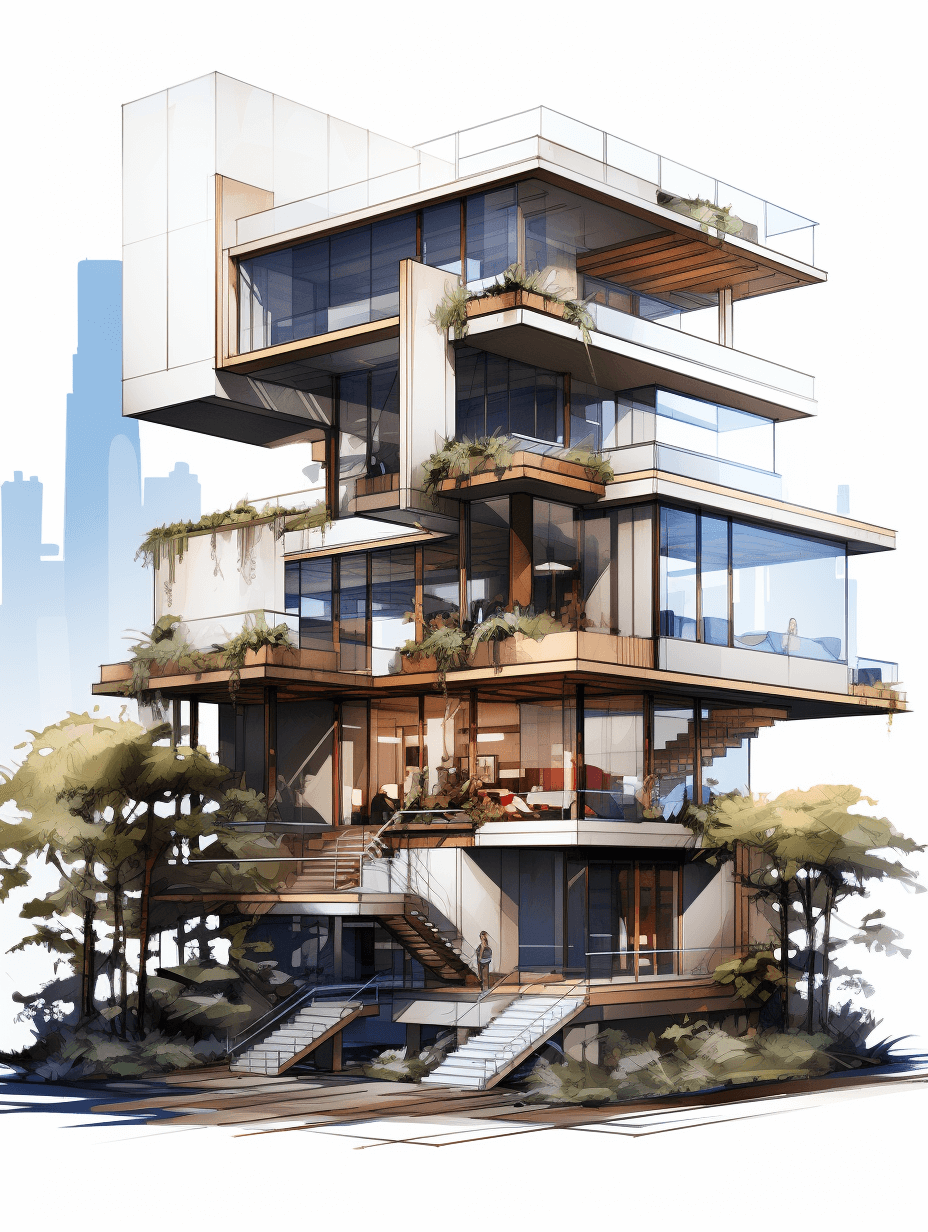 A three-story residential building with balconies on each floor, showcasing different architectural styles and elements of modern living in the city environment. The illustration is done as an ink sketch with watercolor accents, emphasizing details like tree branches, plants, people hanging out at outdoor terraces, wooden window frames, stairs, doors, ceramic tiles for patio areas, concrete walls inside, glass skylights, and a white background.