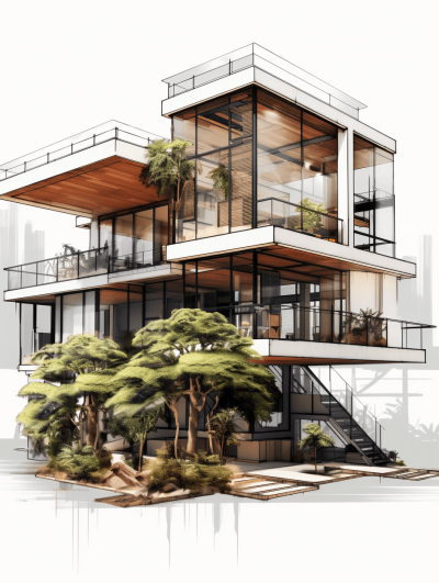 architectural drawing of a modern house with three floors, with one floor at ground level and two above it, created in the style of wood and glass materials, with plants inside and outside the building, in a sketch style, on a white background, with a hyper realistic 3D rendered perspective view.