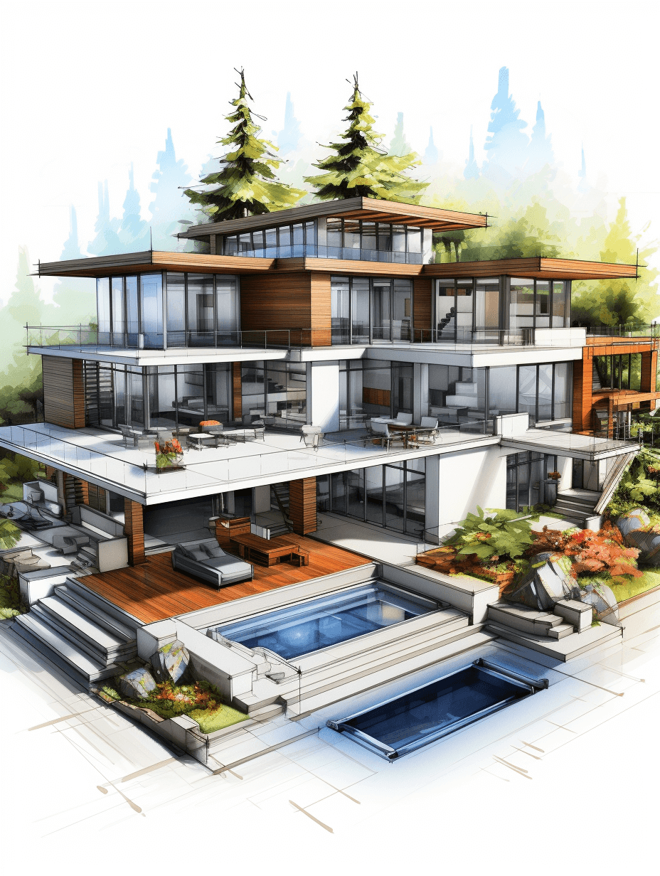 A detailed architectural drawing of the exterior design for an opulent modern mansion in British Columbia, Canada with wooden accents and a pool on one side. The illustration is created using watercolor techniques with soft brush strokes to give it a natural feel. It includes a color palette of earth tones with pops of green from plants. There’s space around each structure that allows room for text or additional details within them.