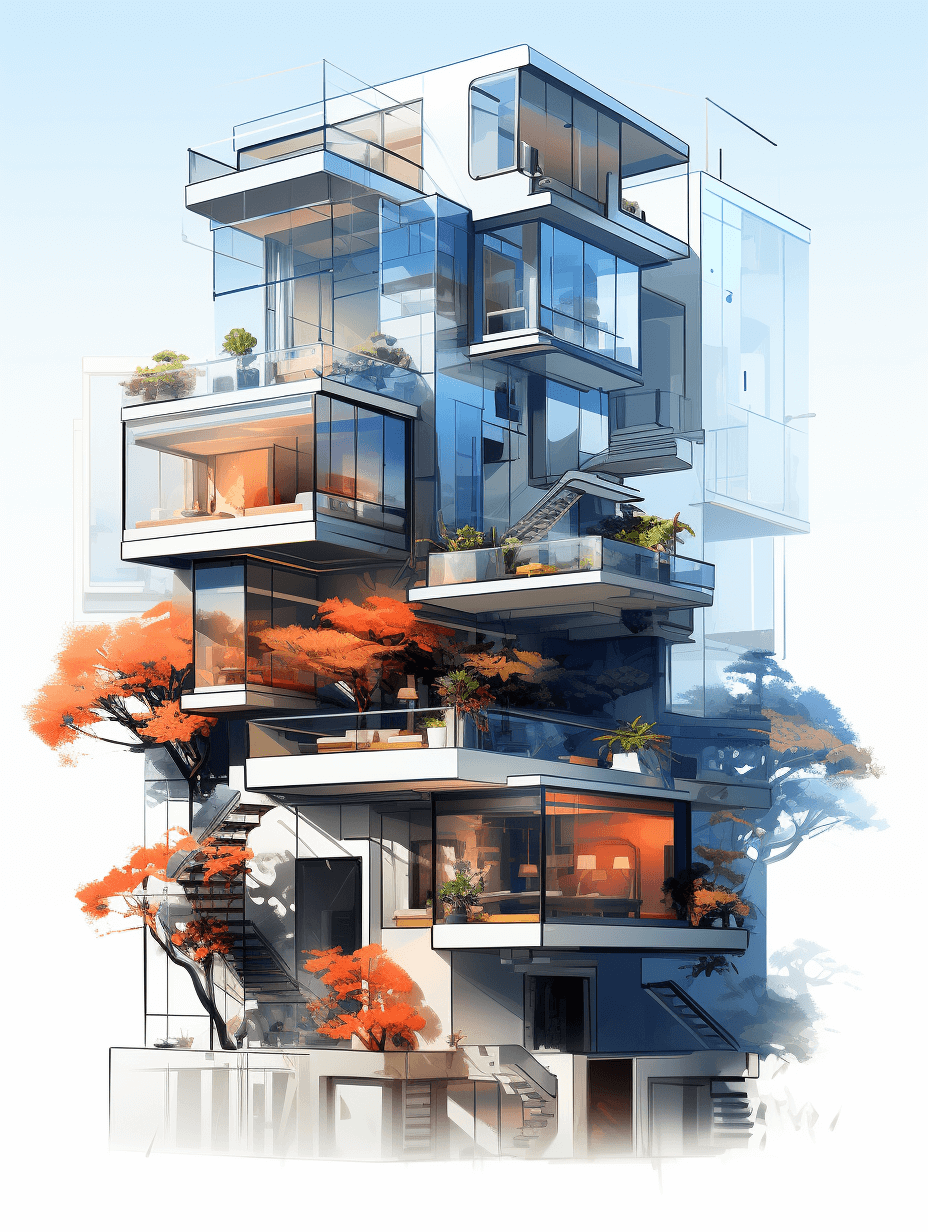 A vertical multilevel apartment building with glass walls, an orange tree in the courtyard and a blue sky. A white background with a detailed illustrated architectural drawing in the style of [Michael Garmash](https://goo.gl/search?artist%20Michael%20Garmash), featured on Dribbble. The drawing is a hyperrealistic illustration done in a watercolor style as digital art using vector graphics.