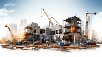 Generate an image of a construction site with cranes, workers and trucks in a city. In the background is a modern building under construction. High resolution photography, with insanely detailed and fine details, on an isolated white background, stock photo available for commercial use.