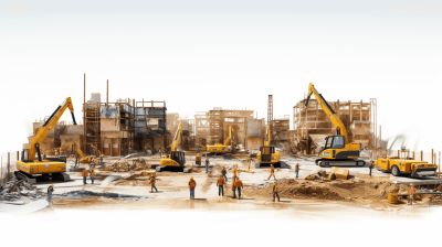 A photo of a construction site with multiple yellow excavators and workers, building a complex on a white background, an ultra realistic photograph in the style of unknown artist.