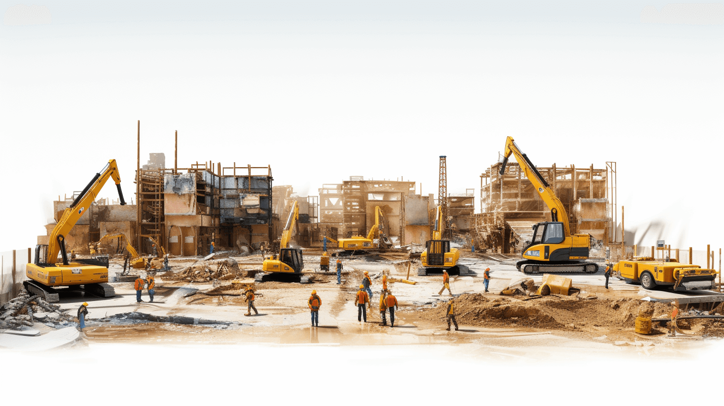 A photo of a construction site with multiple yellow excavators and workers, building a complex on a white background, an ultra realistic photograph in the style of unknown artist.