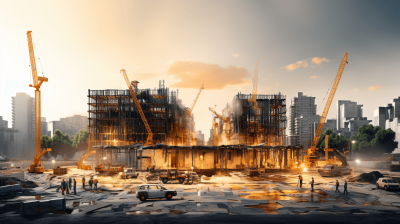 A realistic photo of construction site with cranes and workers, two large buildings underups disasters with broken walls, city in the background, golden hour lighting, cars on ground, 3d rendering, high resolution photography, dslr camera, wide angle lens, f/28, golden color tone, soft shadows, no contrast, cinematic style, natural light, bokeh effect, depth of field, highly detailed, sharp focus, hyperrealistic, volumetric light, octane render,