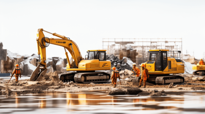 Stunning shot of yellow excavators and construction workers working on the site, with a lake in front, under a bright white sky, in a cinematic style, using natural light, with high resolution photography, with insanely detailed and fine details, of an isolated plain, with stock photo color grading, using professional lighting, with soft shadows, of high quality, with high contrast and hdr, with sharp focus.