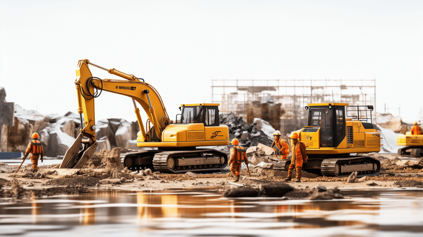 Stunning shot of yellow excavators and construction workers working on the site, with a lake in front, under a bright white sky, in a cinematic style, using natural light, with high resolution photography, with insanely detailed and fine details, of an isolated plain, with stock photo color grading, using professional lighting, with soft shadows, of high quality, with high contrast and hdr, with sharp focus.