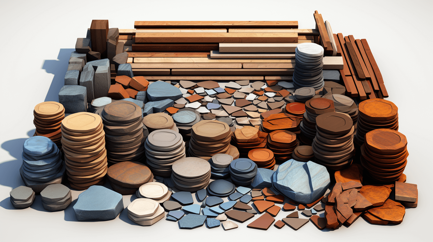 3d model prop of pile of brown and blue rocks, flat wood planks and metal pieces scattered around the edges on white background, pixar style