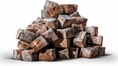 A pile of concrete blocks stacked together isolated on a white background. Create a realistic photo showing what concrete blocks would look like if they were made from chocolate, in the style of chocolate.