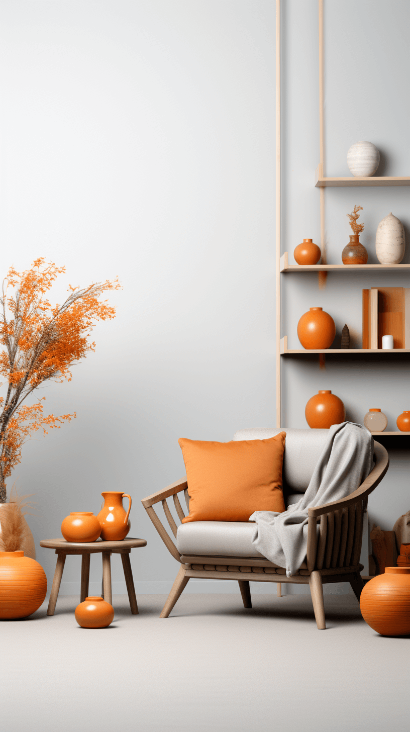 Minimalist interior design of a living room with orange vases, an armchair and shelf on a grey wall. Orange decoration for fall or autumn in the home.